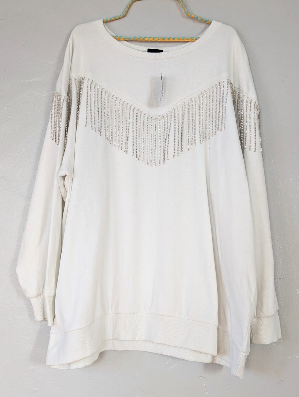NEW Torrid Cozy Fleece Rhinestone Fringe Crew Neck Sweatshirt White 3X